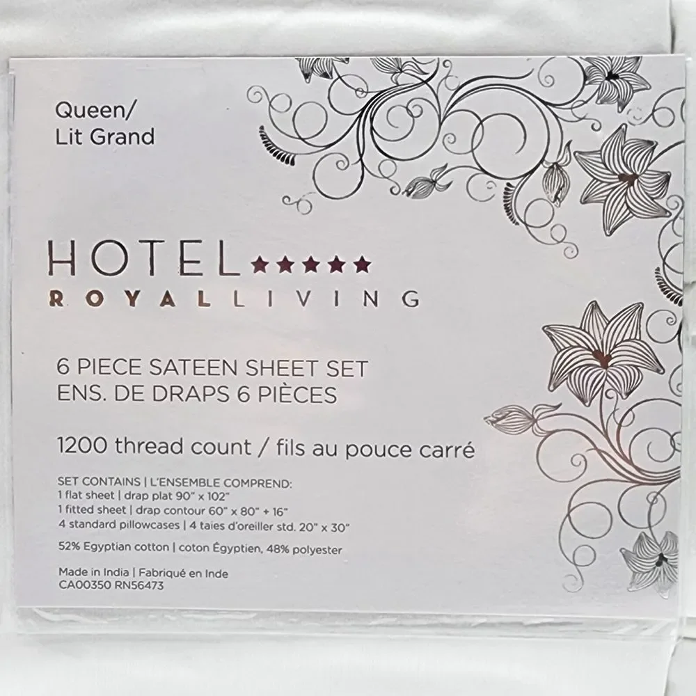 Hotel Royal Living White Queen Sheet Set 6pc 1200 Thread Count‎ Egyptian Cotton